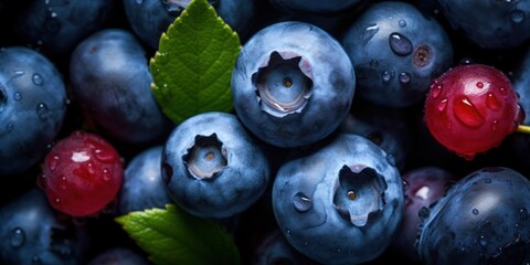 Closeup of Fresh Blueberries and Red Berry with Water Droplets. Generative AI