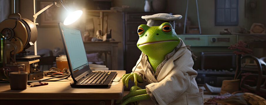A doctor frog working on the laptop in office