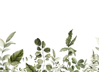 Watercolor floral border. Hand painted frame of forest greenery, wildflowers, herbs. Green leaves, branches, foliage isolated on white background. Botanical illustration for design, print, background