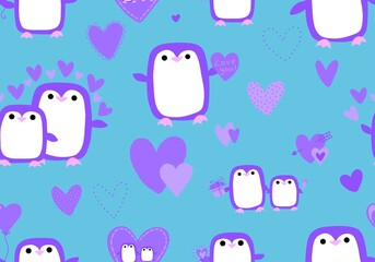 Valentines hearts seamless penguin and love pattern for wrapping paper and fabrics and linens and kids clothes