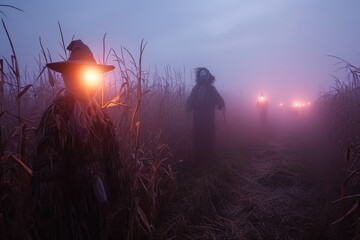 A haunted cornfield with scarecrows and eerie lighting, creating a spooky atmosphere