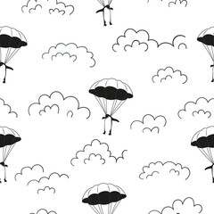 Flying penguin with parachute seamless pattern. Vector black and white background. Textile, fabric print - 719717377