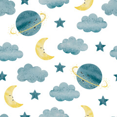 Seamless baby pattern with cute watercolor planets, moon, stars and clouds. Nursery print for kids - 719717516