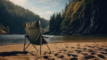 camping chairs and a backpack in a natural setting, near a river or against the backdrop of mountains. This enhances realism and connects the viewer to the outdoor camping experience.