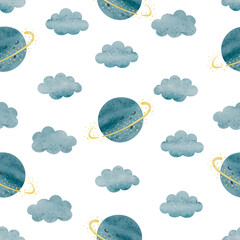 Seamless space pattern with cute watercolor planets and clouds. Nursery print for kids - 719717568
