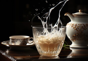 A porcelain teapot pours a steaming cup of milk into a ceramic cup, adding a touch of elegance to the cozy kitchen table
