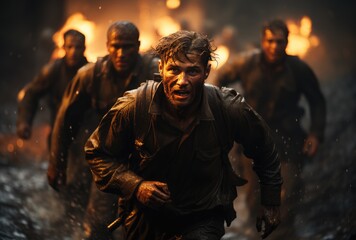 Fototapeta premium In a gritty and intense action-adventure game, a group of men with determined human faces sprint through the pouring rain, their clothing soaked and clinging to their bodies as they race towards thei
