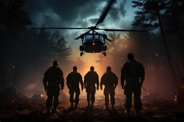 A team of firefighters in uniform navigate a military helicopter through the dense forest, the powerful rotorcraft slicing through the sky as they transport personnel to the ground below - obrazy, fototapety, plakaty