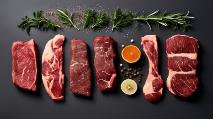 top-down view to highlight the variety of steaks. This angle highlights the different textures, colors and sizes of each type of meat.