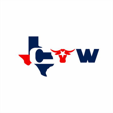 The word "Cow" logo design with an illustration of a Texas map on the letter C and a cow's head on the letter O.