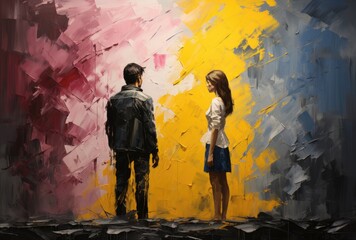 A modern acrylic painting captures the intense gaze of a man and woman, their clothing and footwear reflecting the vibrant energy of the street