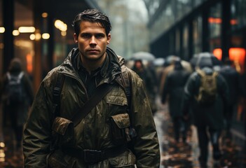 A stoic man in a sleek leather jacket braves the rain-soaked city streets, his military uniform peeking out from under the coat as he makes his way towards a looming building