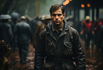 Fototapeta premium A solitary figure in a weathered leather jacket stands alone on a desolate street, his face hidden beneath the shelter of a worn rain coat