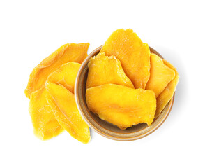 Bowl with slices of tasty dried mango on white background