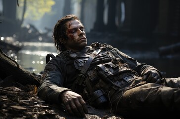 A rugged warrior, clad in tactical gear and armed with a rifle, emerges from the muddy battlefield of an intense action-adventure game, captured in a stunning digital compositing screenshot