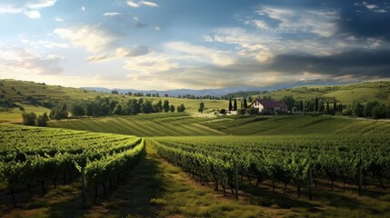 a vineyard landscape as a backdrop to set the context. The vineyard is well focused and complements the winemaking concept.