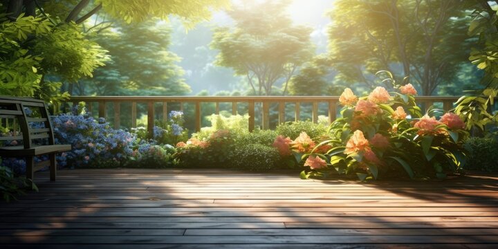 Worn-out deck, lush garden, and sunlight