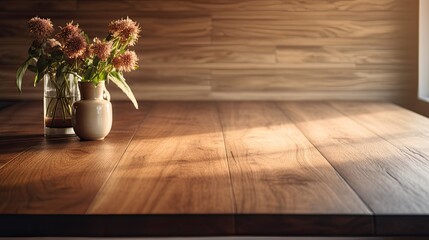 wooden table in the foreground with flowers in a vase and blurred background. This technique adds emphasis to the table and creates a visually pleasing effect.