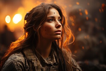 A fierce female soldier stands strong, her determined gaze piercing through the darkness, showcasing the power and resilience of the human spirit in the face of adversity
