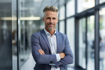 Fototapeta premium Confident businessman in a stylish light gray dress shirt with blue pinstripes, looking out of his high-rise office window