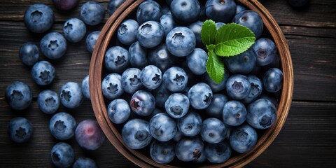Bowl Full of Blueberries with a Green Leaf on a Wooden Background. Healthy Organic Superfood....