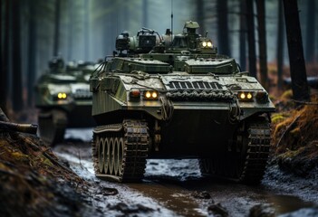 Obraz premium A fierce procession of formidable tanks rolls through the dense forest, their powerful weapons and armored bodies ready for any combat that may lie ahead