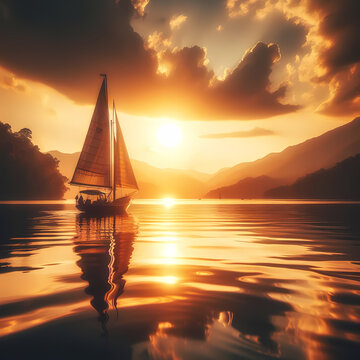  a captivating image featuring a lone sailboat gracefully navigating the calm waters of a scenic lake during the golden hour, Generative Ai