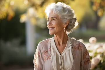 Soft-spoken Elderly Lady in a Serene Garden Setting, Dressed in Lace Collar, Imparting Gentle Wisdom