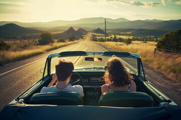 Young couple in cabriolet on the road at sunset, rear view. AI generated