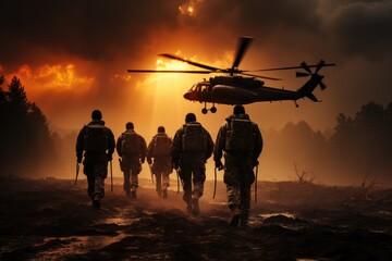 Fototapeta na wymiar A brave team of firefighters and military personnel march towards a roaring helicopter, ready to take to the sky and battle the raging flames below