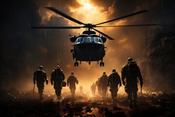 Fototapeta na wymiar A group of determined soldiers trek towards their lifeline, a roaring military helicopter with its powerful rotorcraft ready to transport them to their mission, amidst the bustling outdoor setting fi