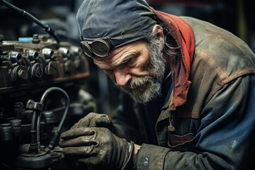 The Portrait of Resilience: A Mechanic in His Oil-Smeared Workshop, Eyes Reflecting Steadfast Determination
