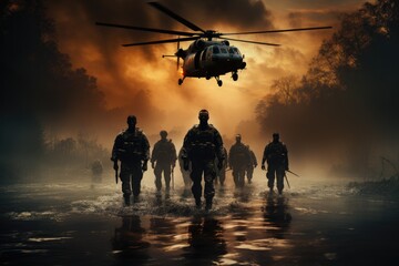 A group of soldiers bravely trek through the water, their silhouettes illuminated by the roaring helicopter rotor as they work together to aid their comrades and transport vital supplies - obrazy, fototapety, plakaty