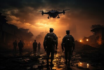 A squadron of military men marches beneath the open sky as a drone surveys the terrain, their presence juxtaposed against the looming aircraft and distant helicopter, evoking a sense of duty and cama - obrazy, fototapety, plakaty