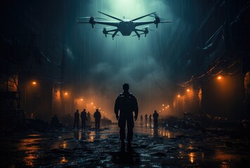 A lone drone hovers over a group of exhausted firefighters, their silhouettes illuminated by the eerie glow of a nearby helicopter, as they battle the raging inferno in the dark of night