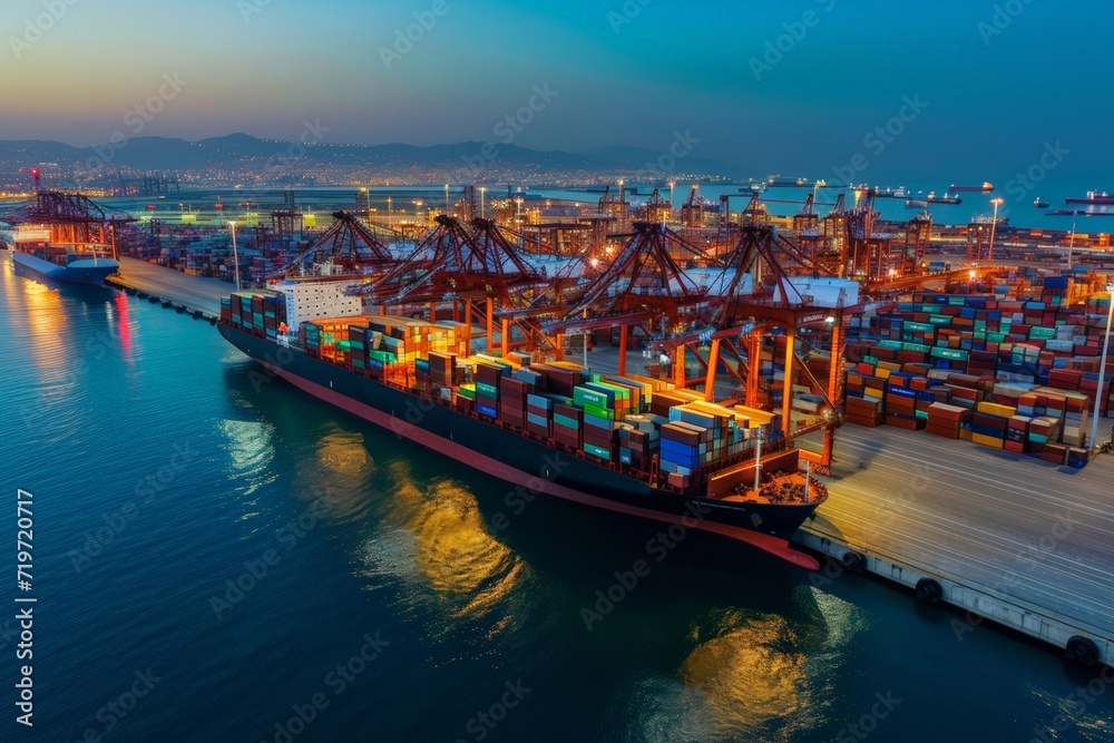 Wall mural container ship and cargo container terminal at dusk for logistic import export background. ai genera