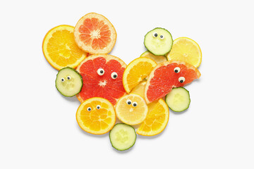 Composition with fresh cucumber slices and citruses for lemonade on white background