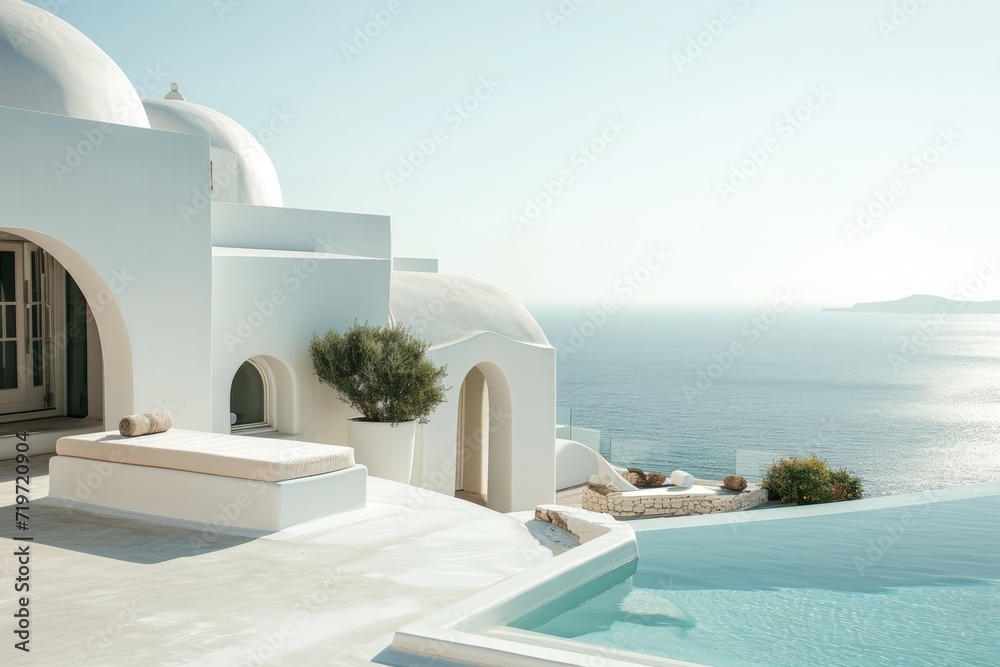 Poster white architecture on beautiful landscape with sea view. ai generated