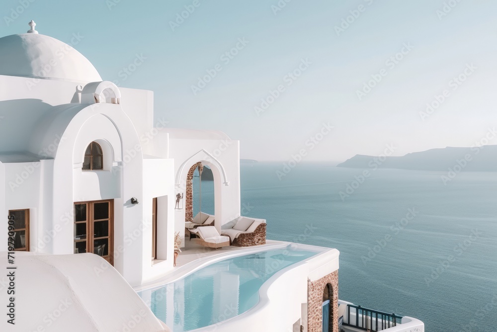 Poster white architecture with swimming pool on an island, beautiful view with sea. ai generated