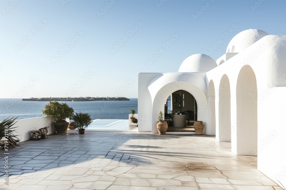 Poster white architecture, beautiful view of the sea. ai generated