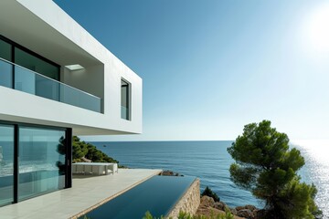Architecture, modern house by the sea, view from the terrace. AI generated