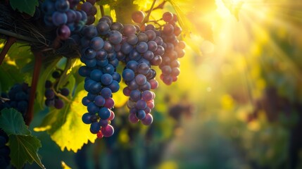 A dense vineyard, illuminating clusters of ripe, dark grapes surrounded by lush green leaves, with...