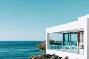 White villa with sea view and blue sky. AI generated