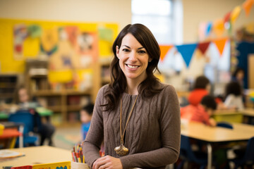 Portrait of a cheerful Special Education Teacher in a lively public school classroom filled with educational resources - obrazy, fototapety, plakaty