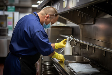 A vigilant Public Health Inspector conducting a thorough inspection in a bustling restaurant kitchen - obrazy, fototapety, plakaty