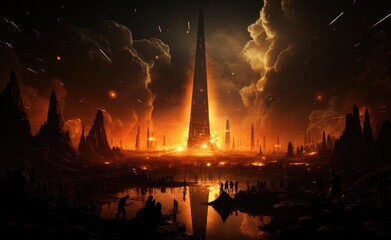 Amidst the darkened sky, a towering building stands ablaze, casting a scorching heat upon the frantic figures below, as the city becomes engulfed in flames