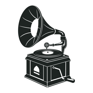 recommend clip art: Gramophone silhouette. Old school audio player, antique device for listening music flat vector illustration. Retro gramophone silhouette on white background
