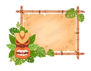 Tiki totem bamboo frame. Cartoon hawaiian or african tribal totem mask on sign board flat vector illustration. Bamboo frame with wooden aboriginal mask © GreenSkyStudio