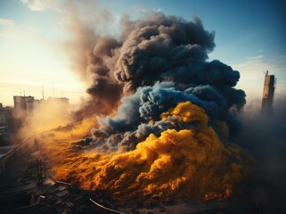 Chaos reigns as a massive explosion sends billowing smoke and scorching fire into the sky, polluting the air and unleashing a disaster of natural proportions with searing heat and towering clouds of  - obrazy, fototapety, plakaty