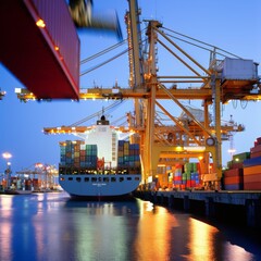Container Cargo freight ship with working crane bridge at dusk for Logistic Import Export background. AI generated